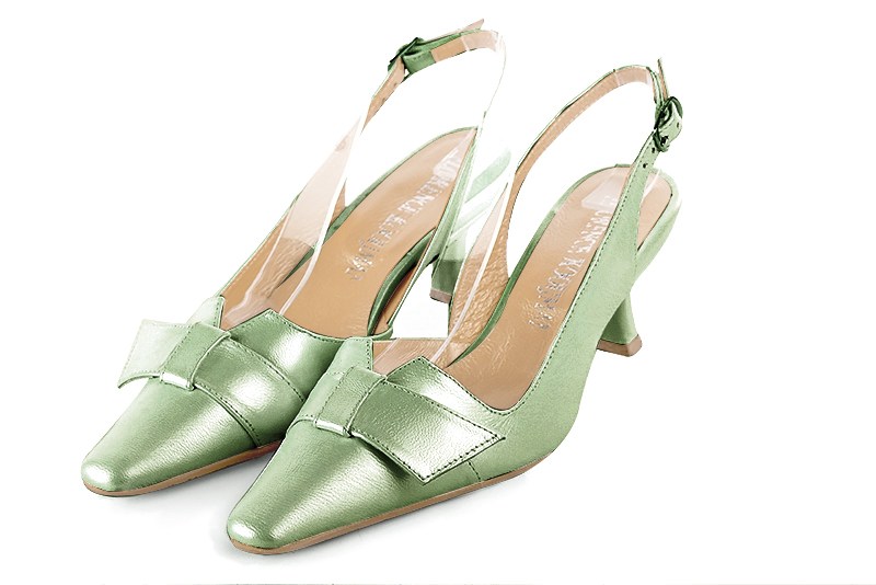 Mint green women's slingback shoes. Tapered toe. Medium spool heels. Front view - Florence KOOIJMAN